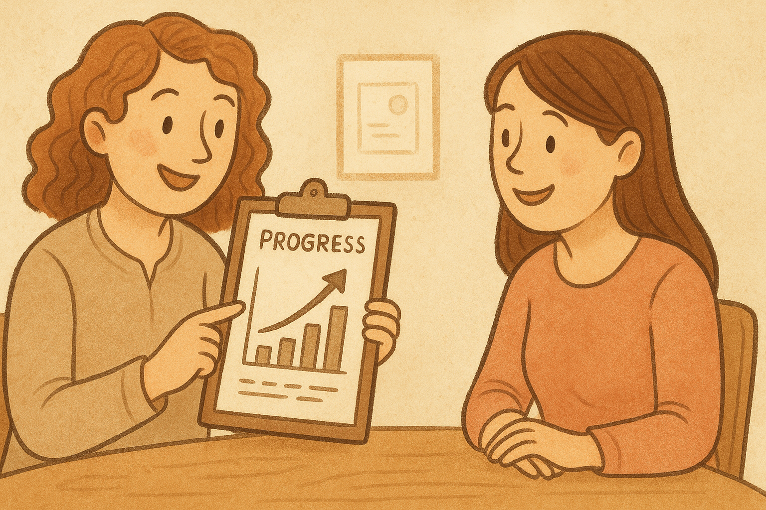 Speech pathologist Liverpool reviewing child progress chart and Goal Attainment Scaling with parent in clinic.