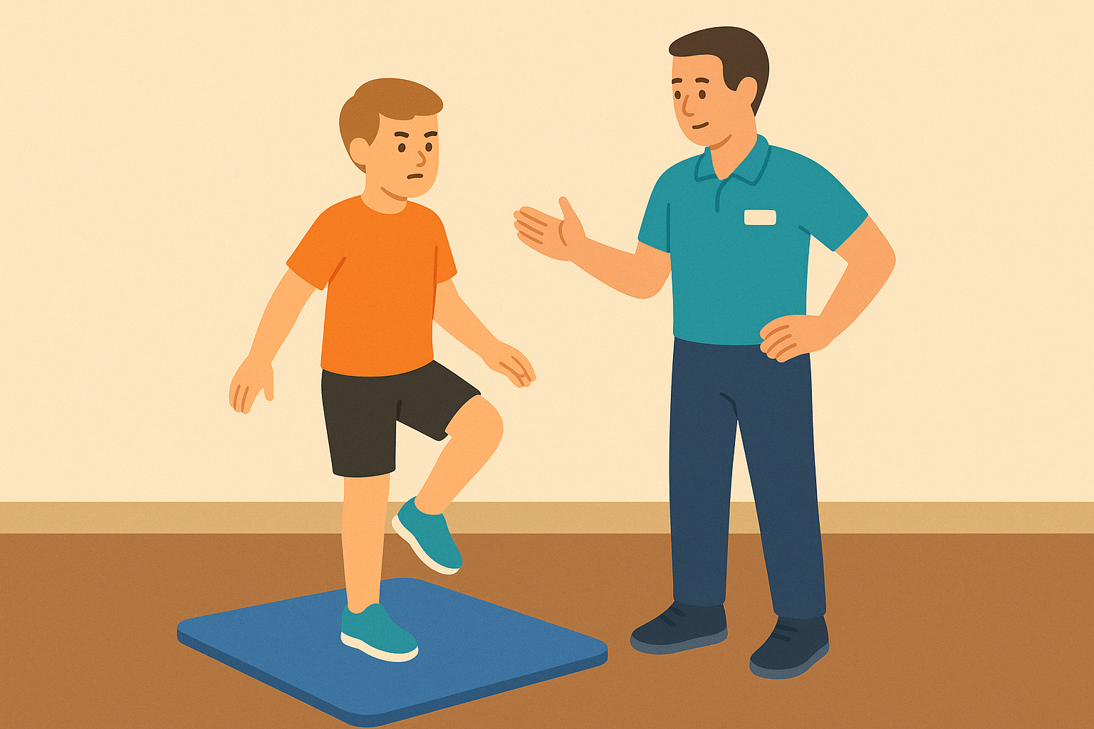 Child performing single-leg stance balance test on a soft mat with exercise physiologist supervising for safety.