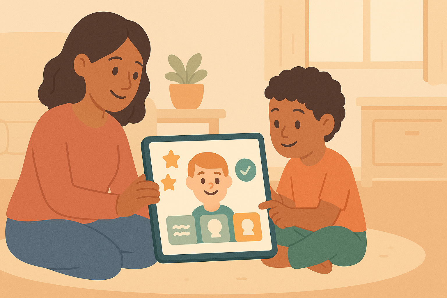 Parent and child using a tablet speech-therapy app at home with progress stars — speech therapy for autistic children.