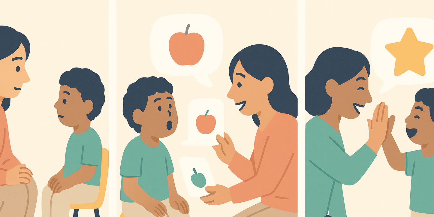 Three-panel explainer: assessment, practice, celebration steps in child speech therapy for autism.