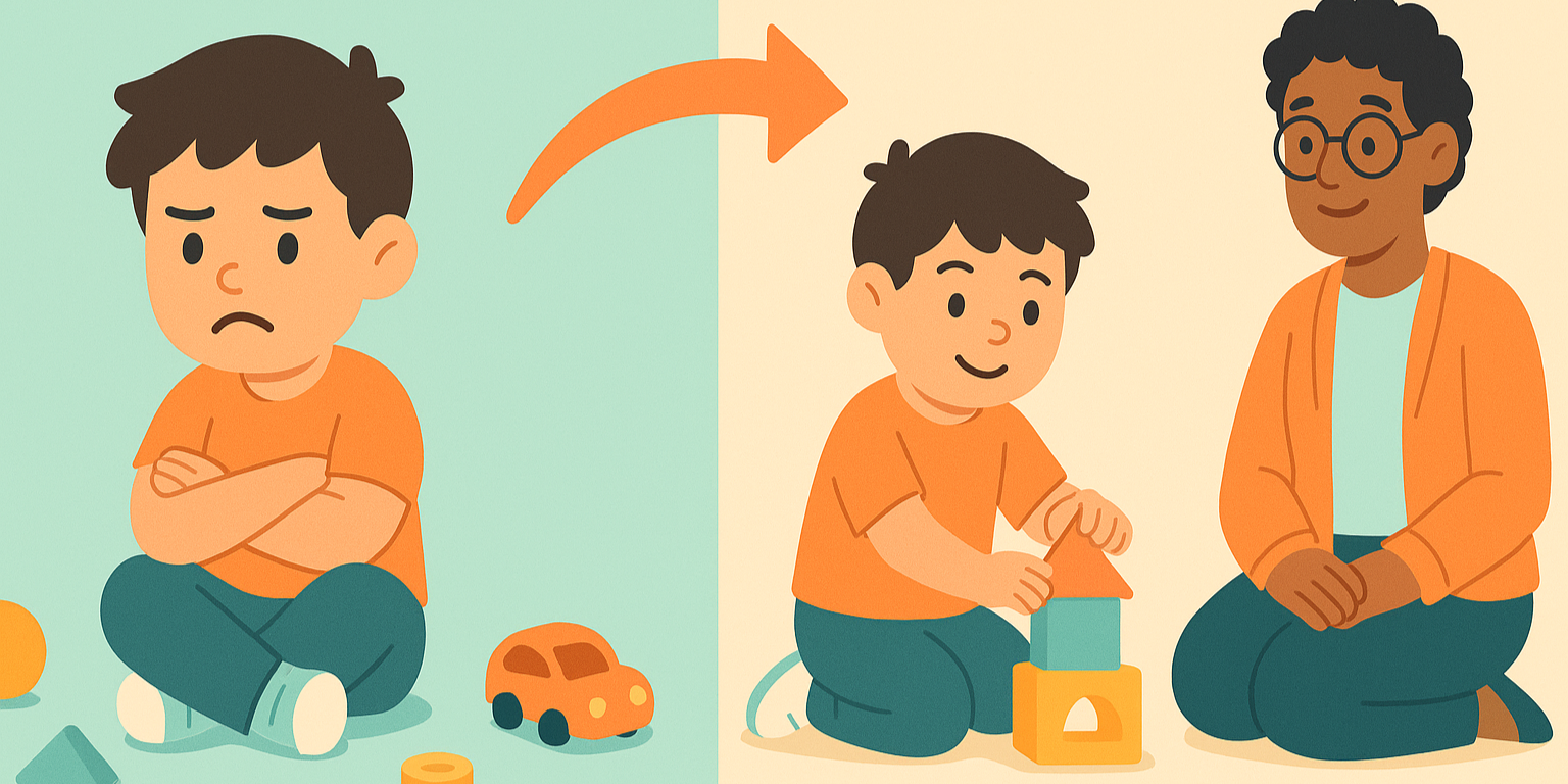 Before-and-after split scene showing measurable behavioural improvements in a child after therapy
