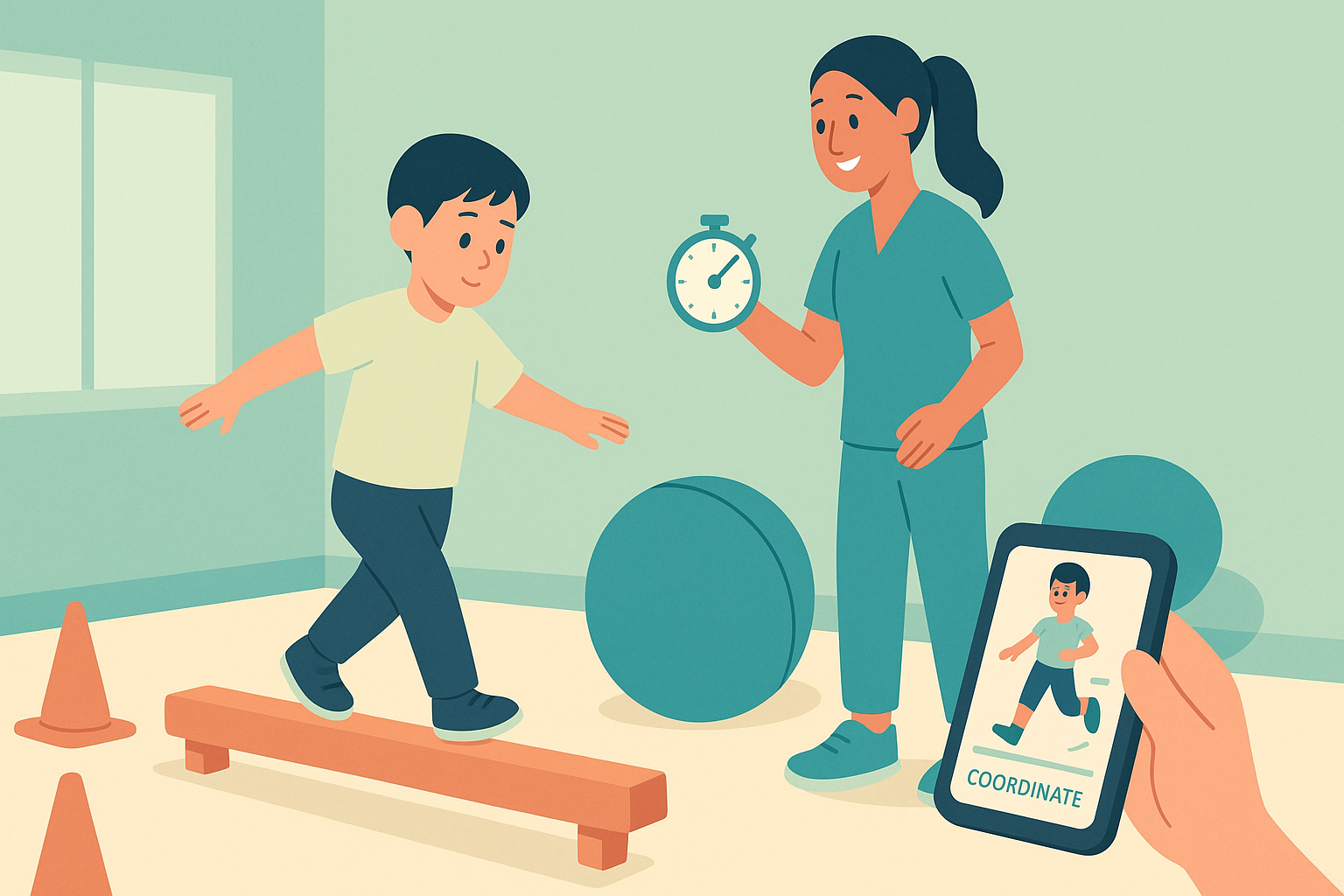 Exercise physiologist guiding a child on a low balance beam with a therapy ball — exercise physiology for children with autism.