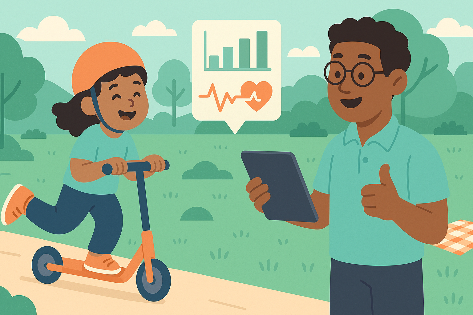 "Exercise physiologist assessing a child using adapted playground equipment while noting observations on a tablet — paediatric accessibility and exercise physiology.