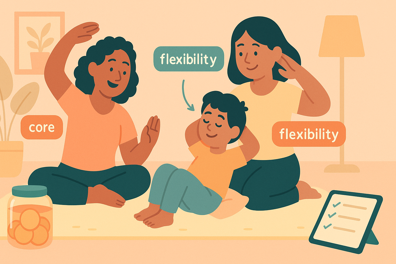 Exercise physiologist leading a family stretch and breathing routine at home with parent and child — building core, flexibility and calm.