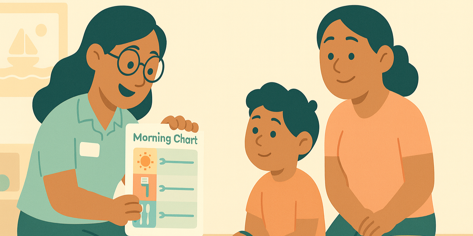 "Behaviour therapist coaching a child with colourful visual routine cards in a calm therapy room — ADHD behaviour therapy