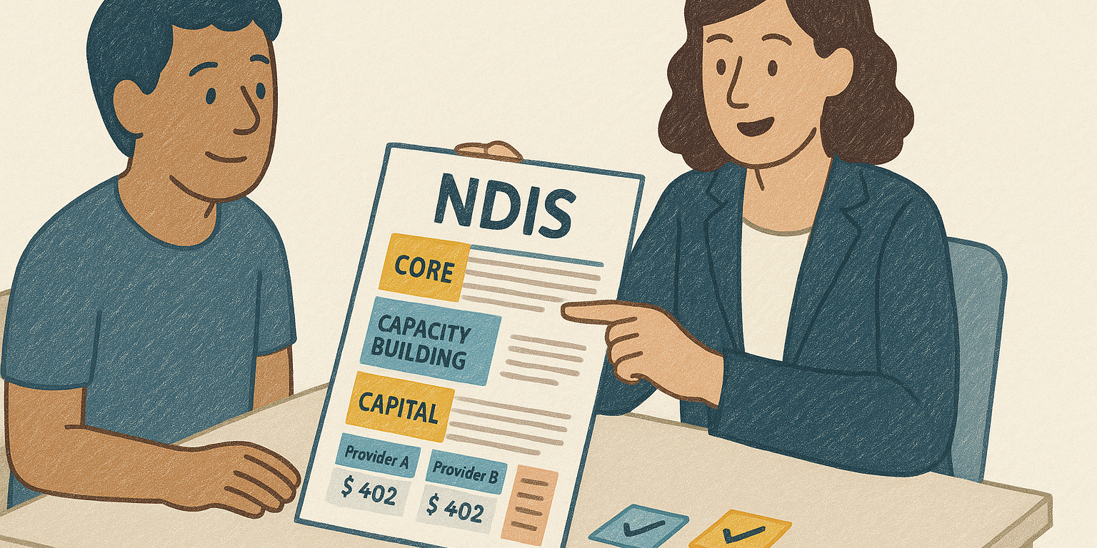 Parent and plan manager reviewing an annotated NDIS plan with highlighted core, capacity and capital sections — NDIS plan consultation.
