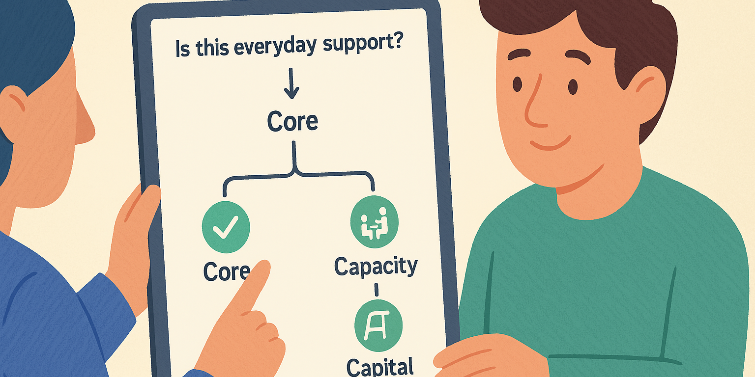 Tablet showing a decision flowchart to classify supports as Core, Capacity or Capital while a plan manager explains options — NDIS funding decision tool.