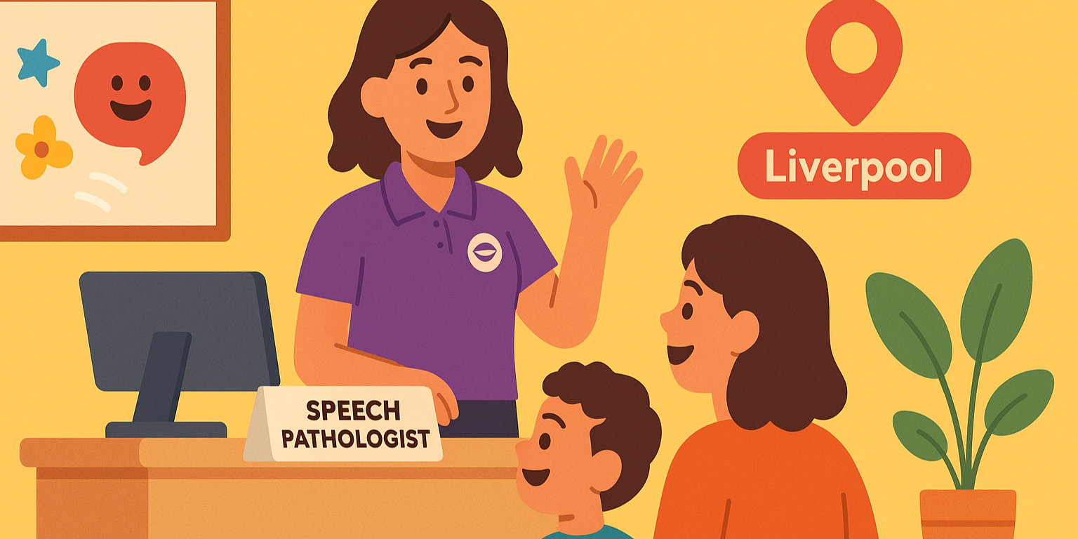 Child-friendly Liverpool clinic reception with smiling speech pathologist greeting a parent and child — speech pathology Liverpool.