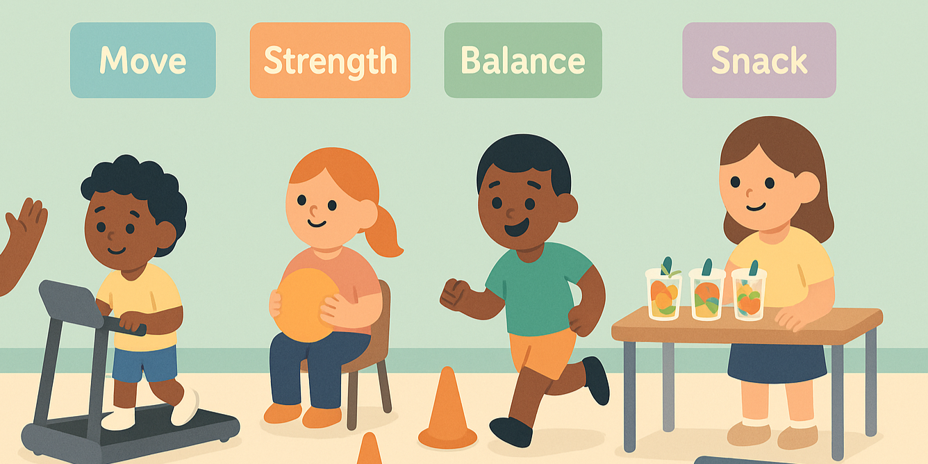 Exercise physiologist leading children’s clinic circuit with treadmill, medicine ball, cones and healthy snacks — combating childhood obesity.
