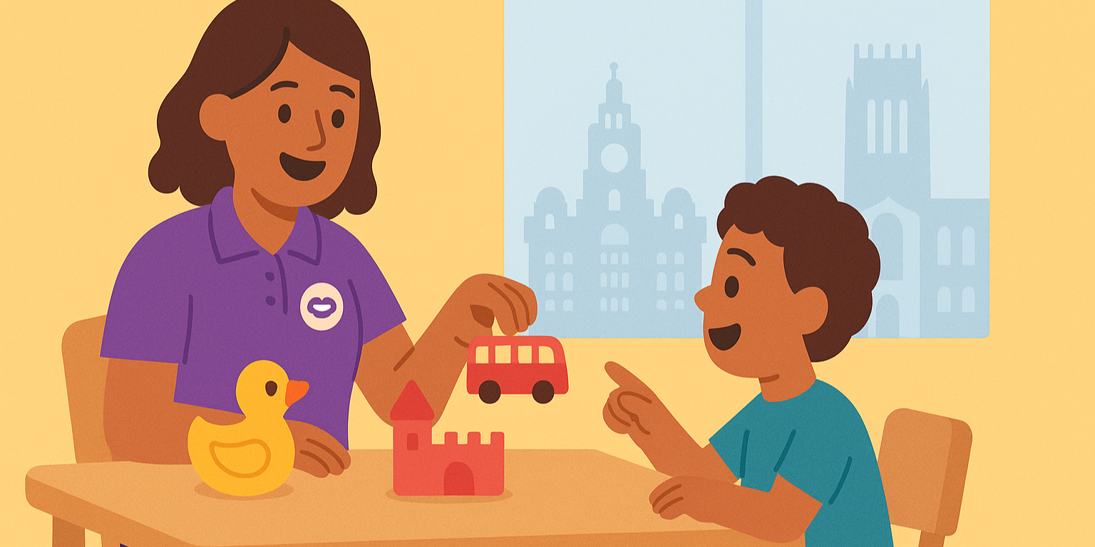 Speech pathologist running a play-based speech activity with a child, Liverpool skyline visible through the window — local speech therapy
