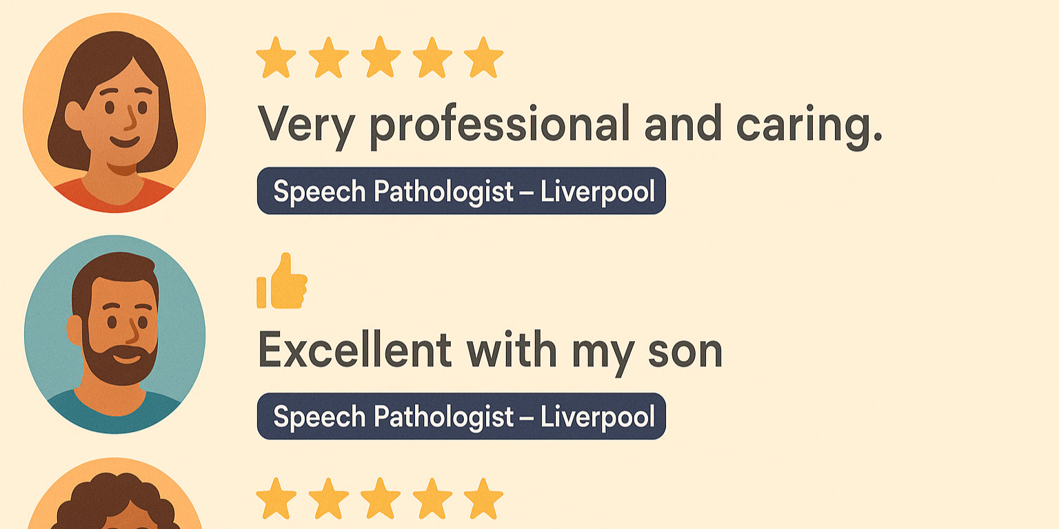 Three testimonial cards with parent quotes and a Speech Pathologist — Liverpool badge showing five-star reviews — trusted speech therapist Liverpool.