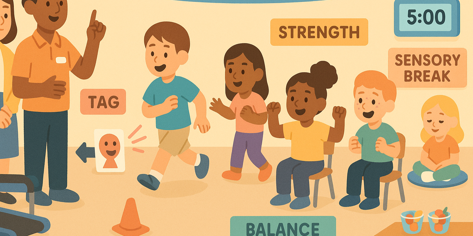 Exercise physiologist coaching inclusive school PE with modified games, visual supports and sensory break — school-based obesity prevention