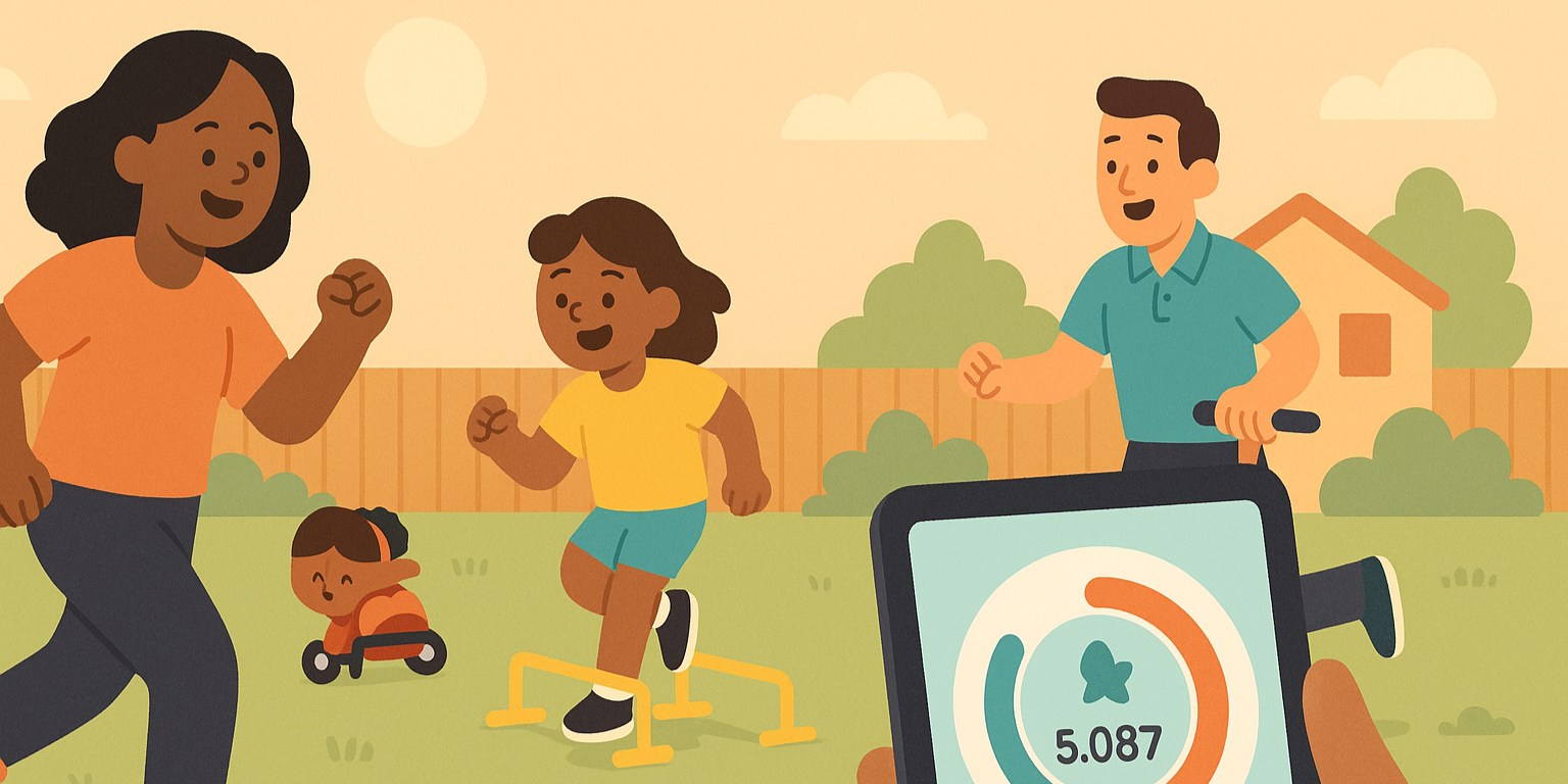 Parent, child and exercise physiologist running a backyard step challenge with smartwatch step counts — family activity to reduce childhood obesity.