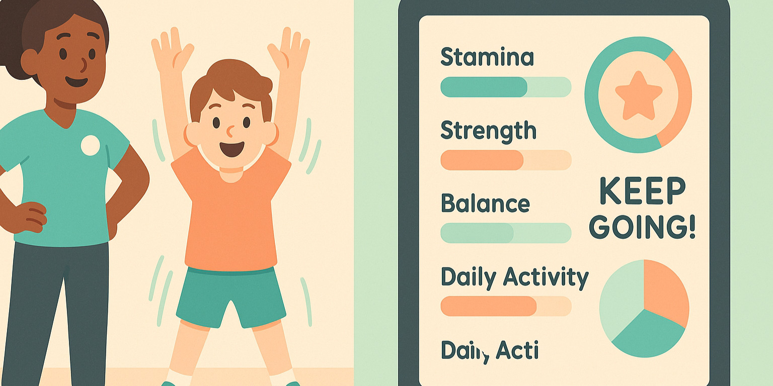 Child doing jumping jacks with physiologist while a tablet dashboard shows stamina, strength and balance metrics — kid-friendly fitness tracking