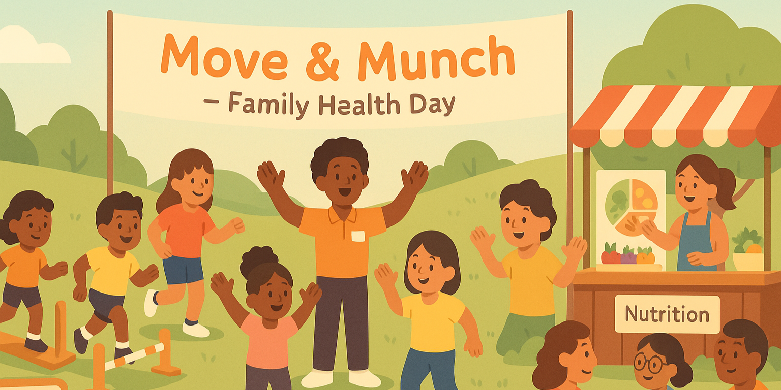 Community park event with kids’ obstacle loop, nutrition stall and exercise physiologist warm-up — family health day to combat childhood obesity