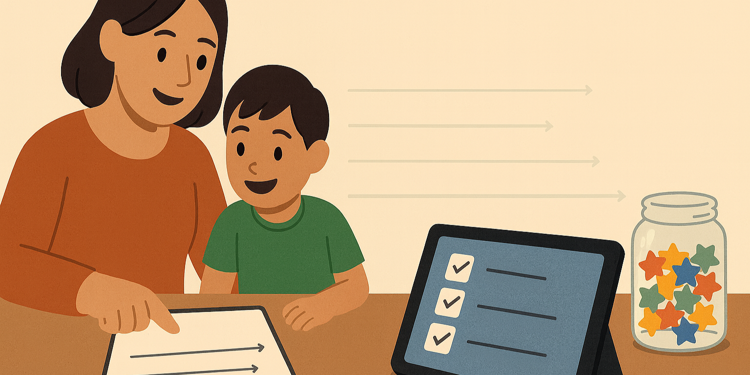 Parent and child following a laminated step-by-step checklist for NDIS speech therapy — book, assess, practice.