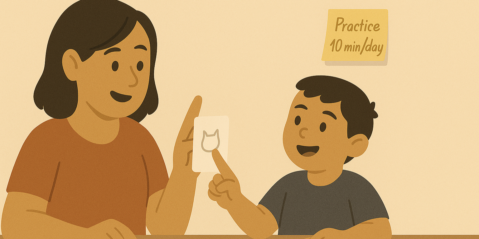 Parent coaching child with picture cards and a sticky note reading ‘Practice 10 mins/day’ — NDIS speech therapy at home