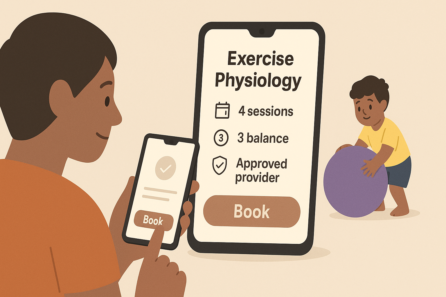 Parent booking exercise physiology sessions via app showing remaining sessions and approved provider badge — using NDIS funding.