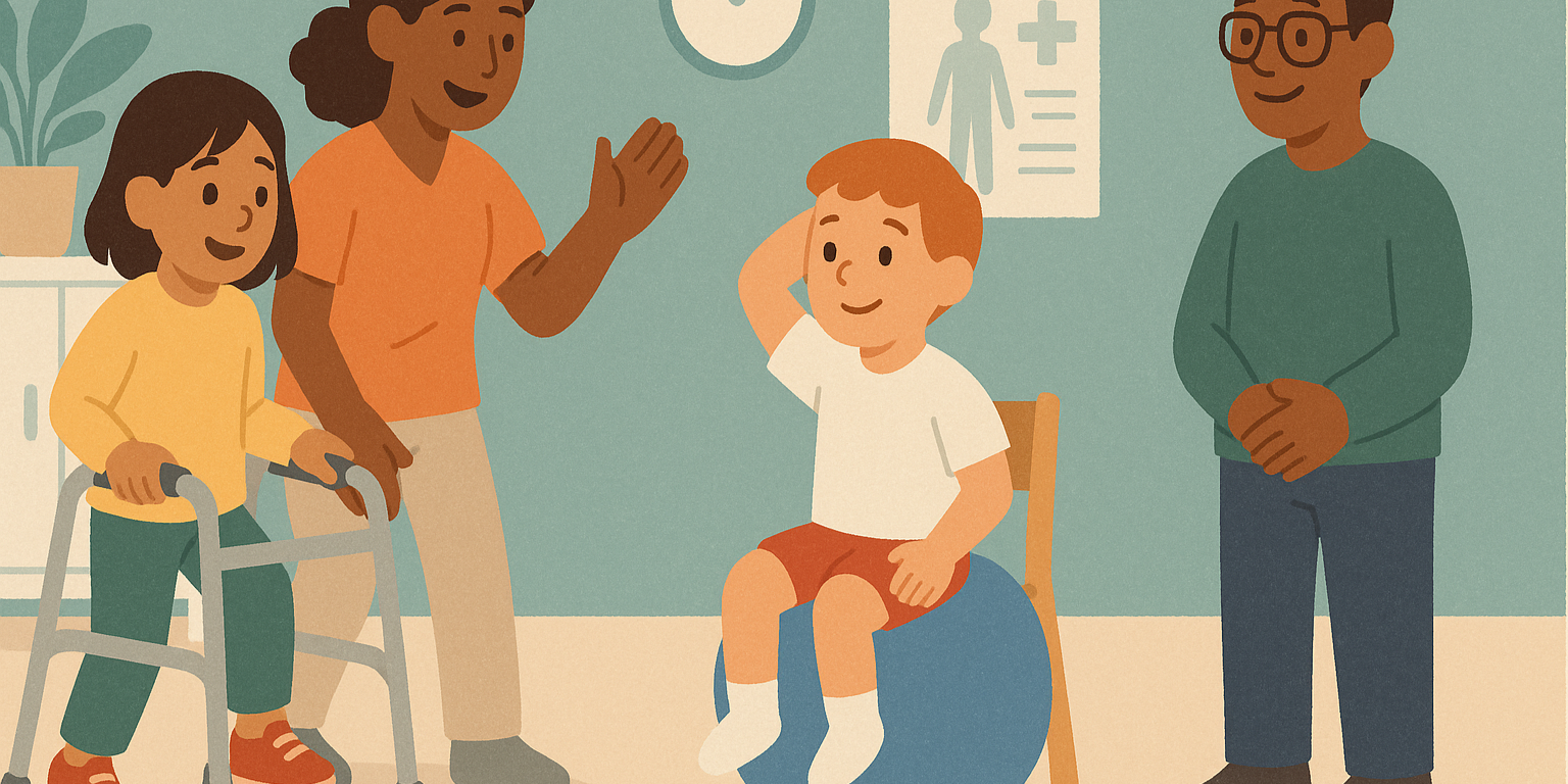 Children with special health conditions doing gentle exercises with an exercise physiologist in a supportive clinic environment