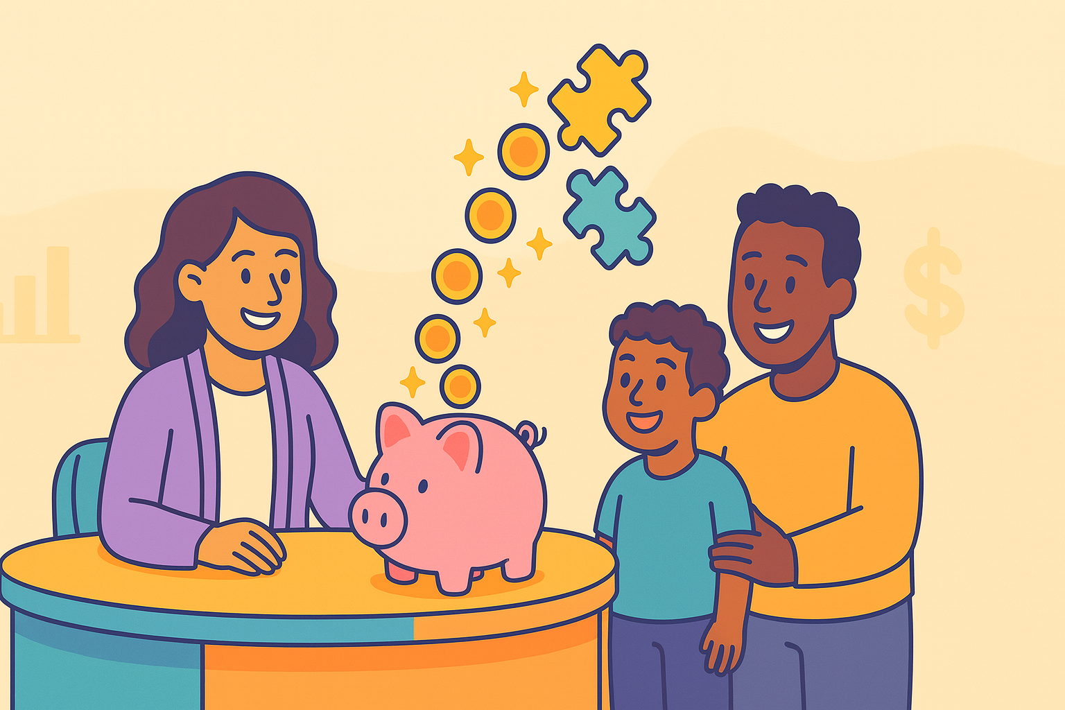 Therapist with parent and child by a piggy bank; coins turning into puzzle pieces; simple budget icons—NDIS funding for behaviour therapy.