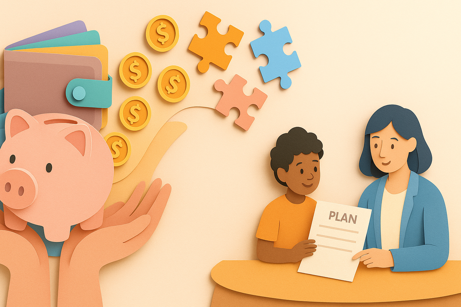 parent, child, and therapist reviewing a plan; coins and puzzle pieces over support hands—cost and NDIS funding options.