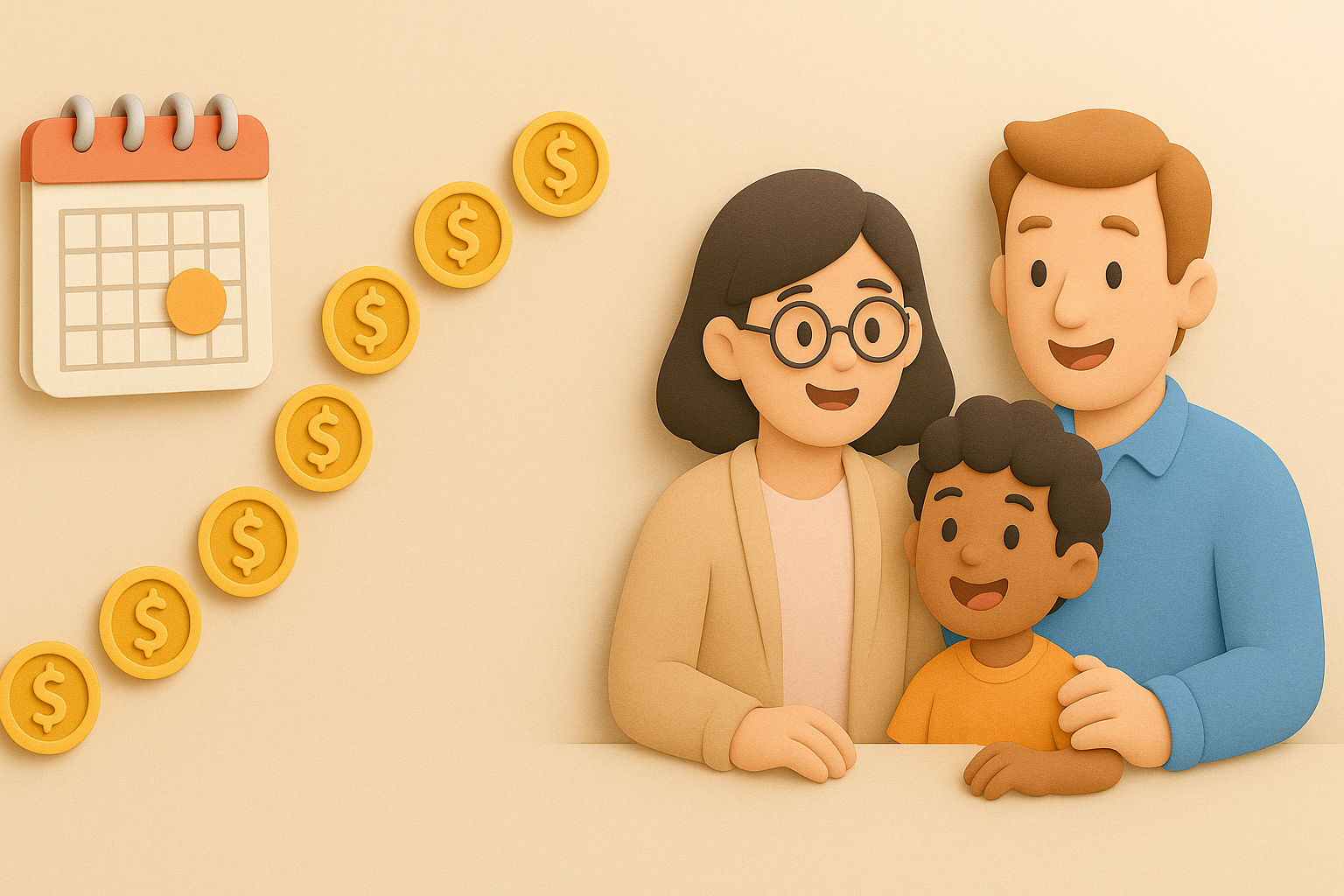 Clay figures of therapist, parent, and child following a coin path to a calendar and ticked clipboard—behaviour therapy costs and NDIS approval.