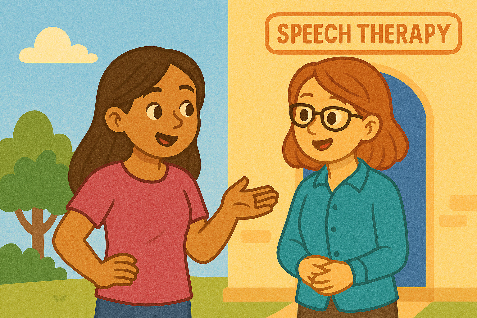 A parent speaking with a speech therapist near a clinic, illustrating access to local NDIS services