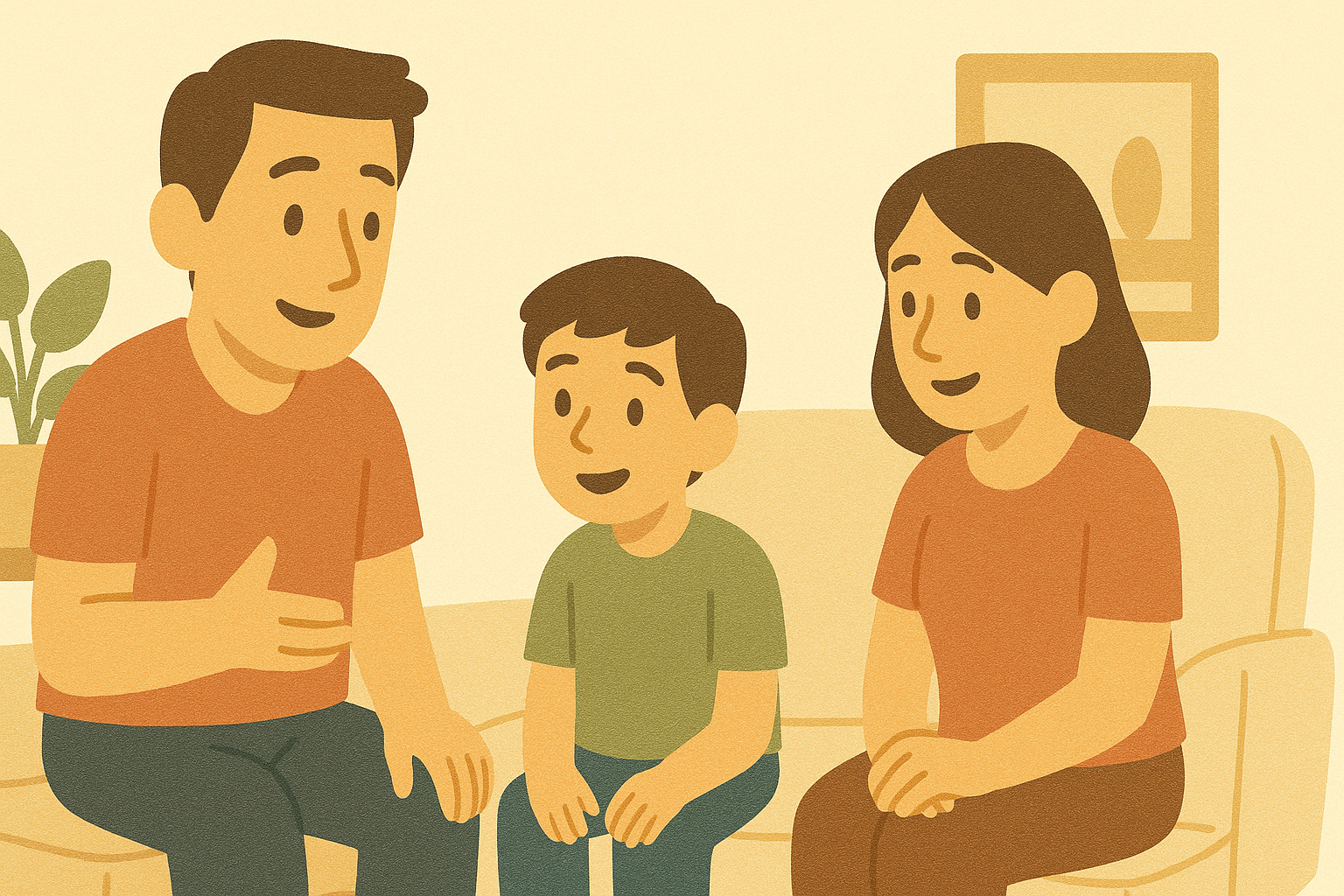 A family having a conversation at home, showing active participation in behaviour support planning
