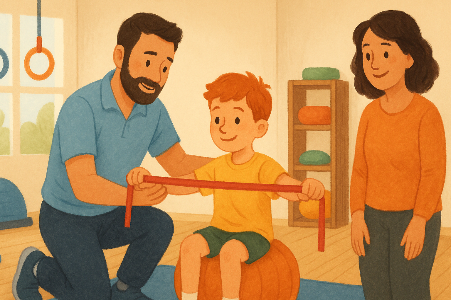 A physiotherapist gently assists a child using a soft therapy ball in a bright clinic, with a parent watching nearby—showing trust and hands-on physio care for children.