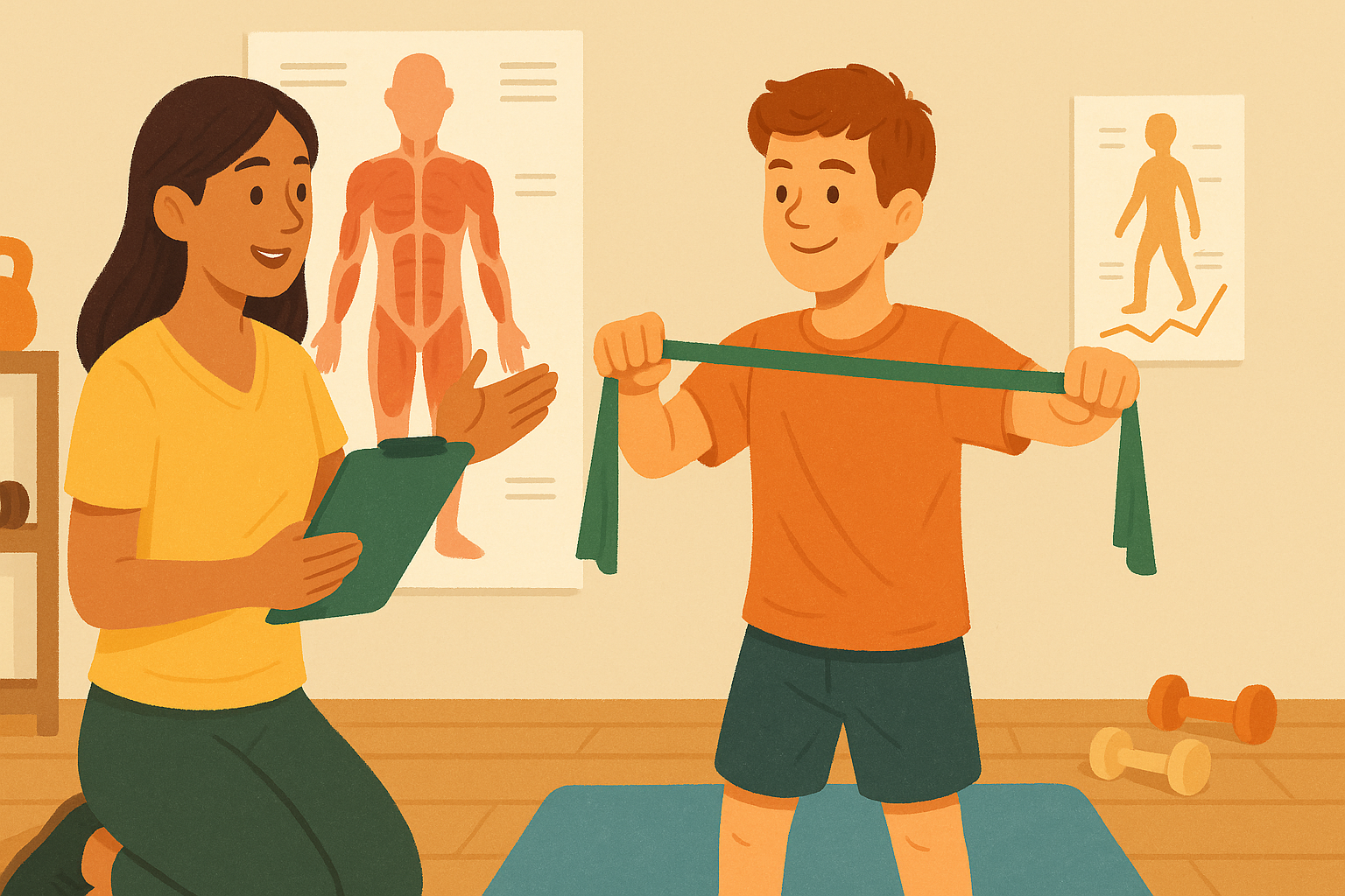 A female exercise physiologist helps a teen follow a personalised plan with body movement charts, encouraging long-term fitness goals in a warm, supportive studio setting.