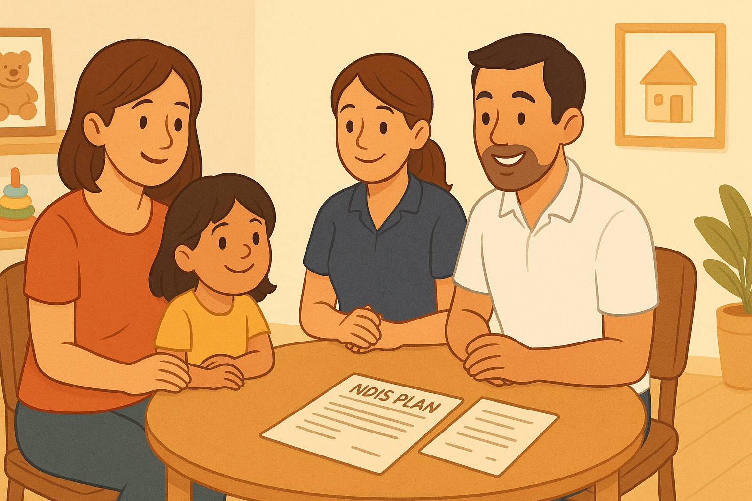	A parent and child meet with both a physiotherapist and exercise physiologist at a round table with NDIS plans and therapy documents—illustrating team-based allied health support for families.