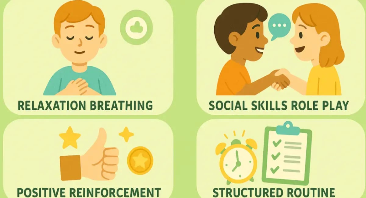 Digital educational poster showing examples of behavioural therapy — relaxation breathing, social skills training, and reward systems — designed for young learners.