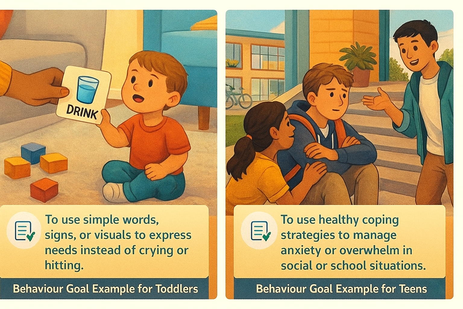 A toddler sits on the floor learning to use a visual “drink” card to communicate his needs as part of an NDIS behaviour goal for young children.