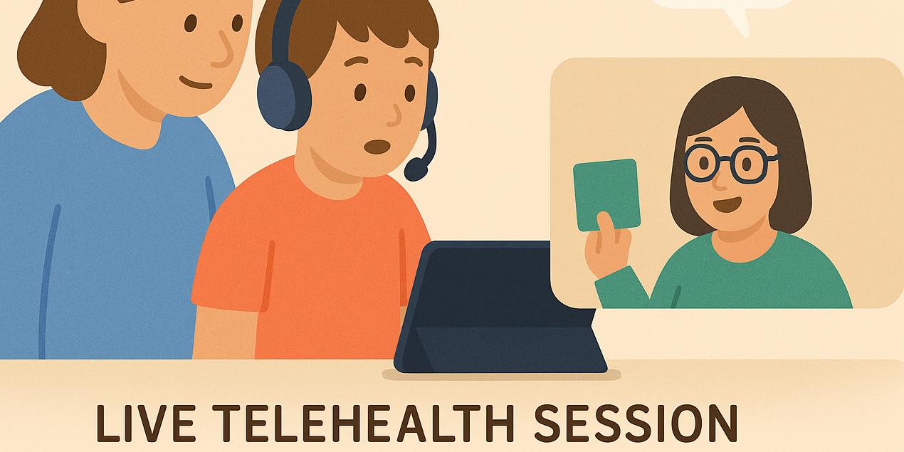 Parent following a laminated telehealth setup checklist with icons for camera, mic, lighting and quiet space — telehealth setup guide.