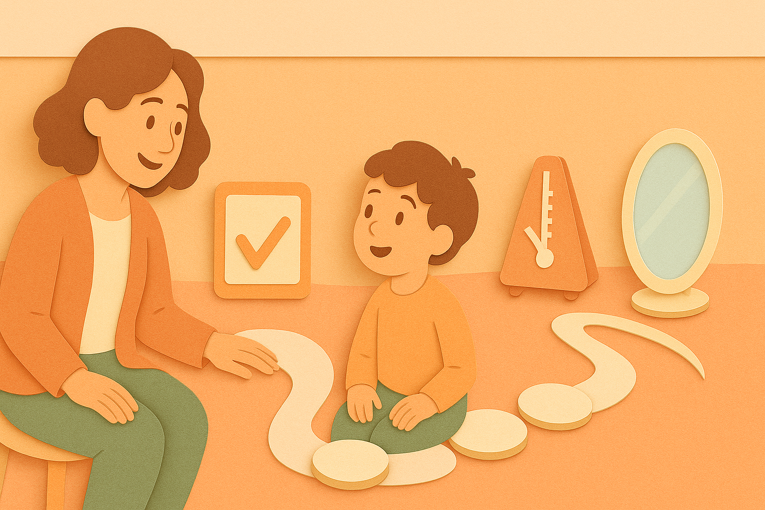  therapist and child beside a ribbon of sound tiles, with a metronome and mirror—NDIS support for stuttering therapy steps.