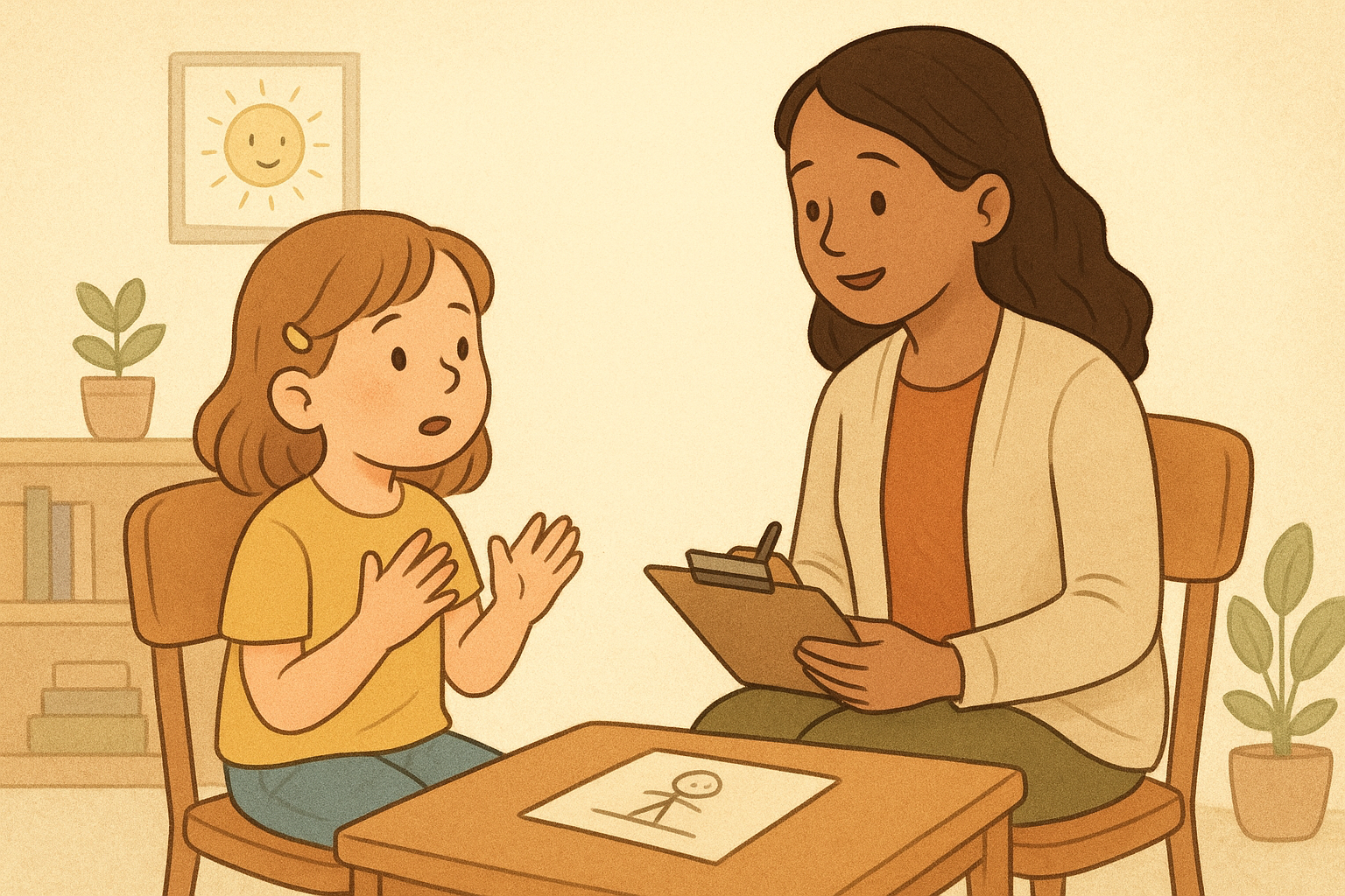 A parent and child learning behaviour therapy techniques together, using emotion cards and supportive coaching.