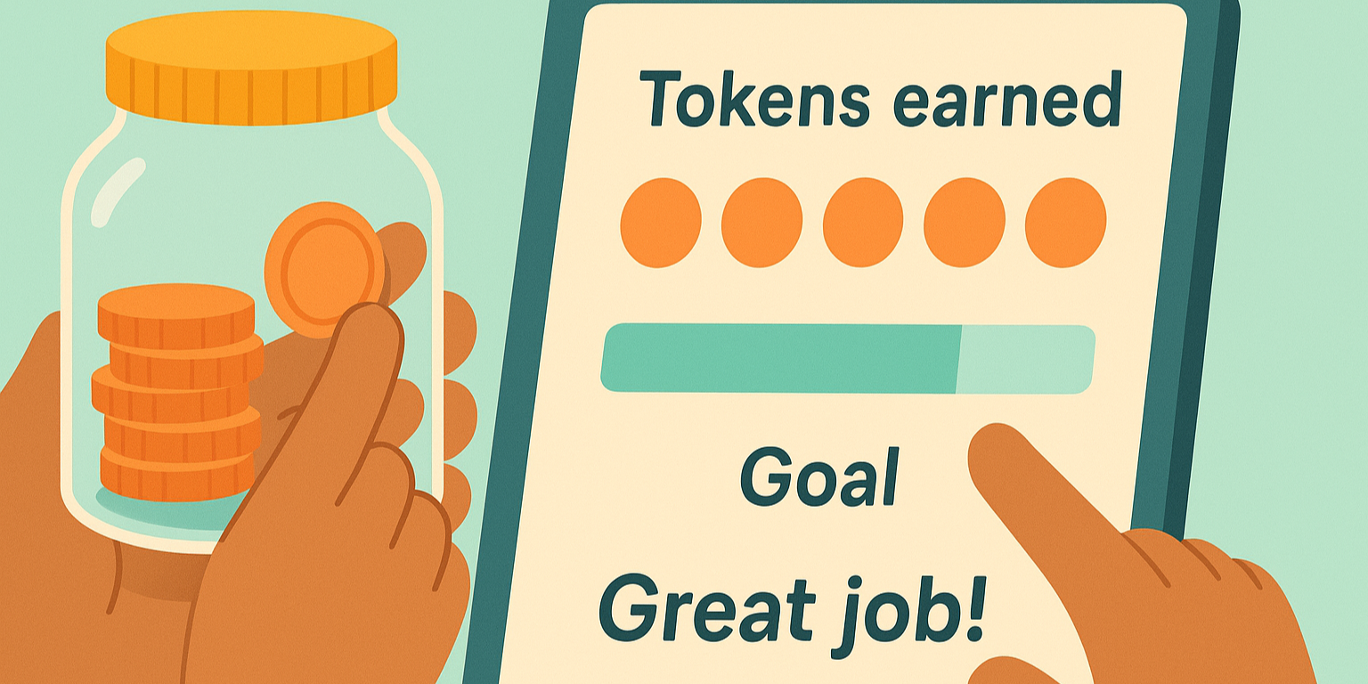 Close-up of a token jar beside a tablet habit tracker showing tokens earned and goal progress — behaviour therapy tracking