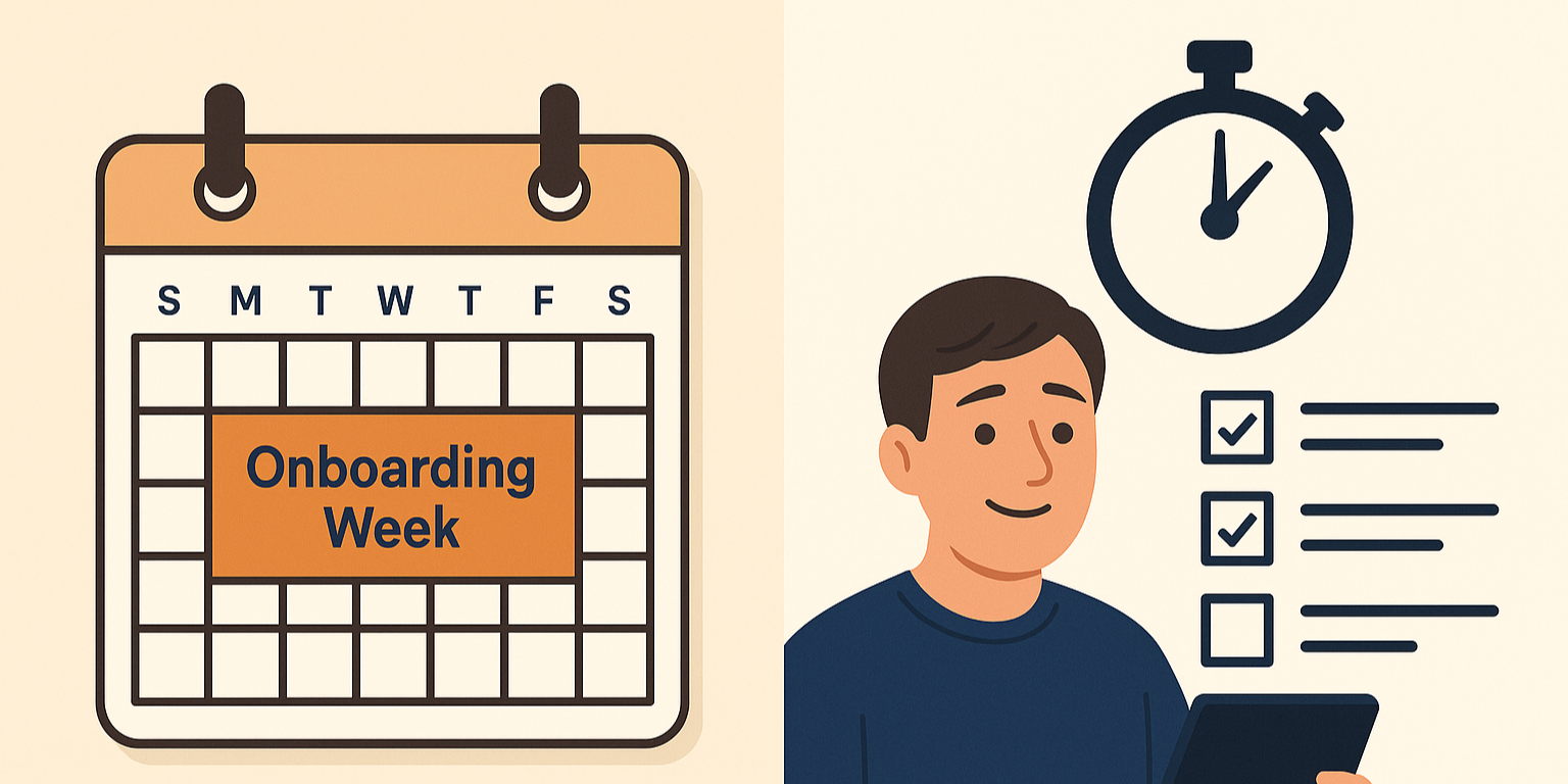 Split scene of calendar and stopwatch showing onboarding week and checked tasks — typical NDIS plan setup timing.