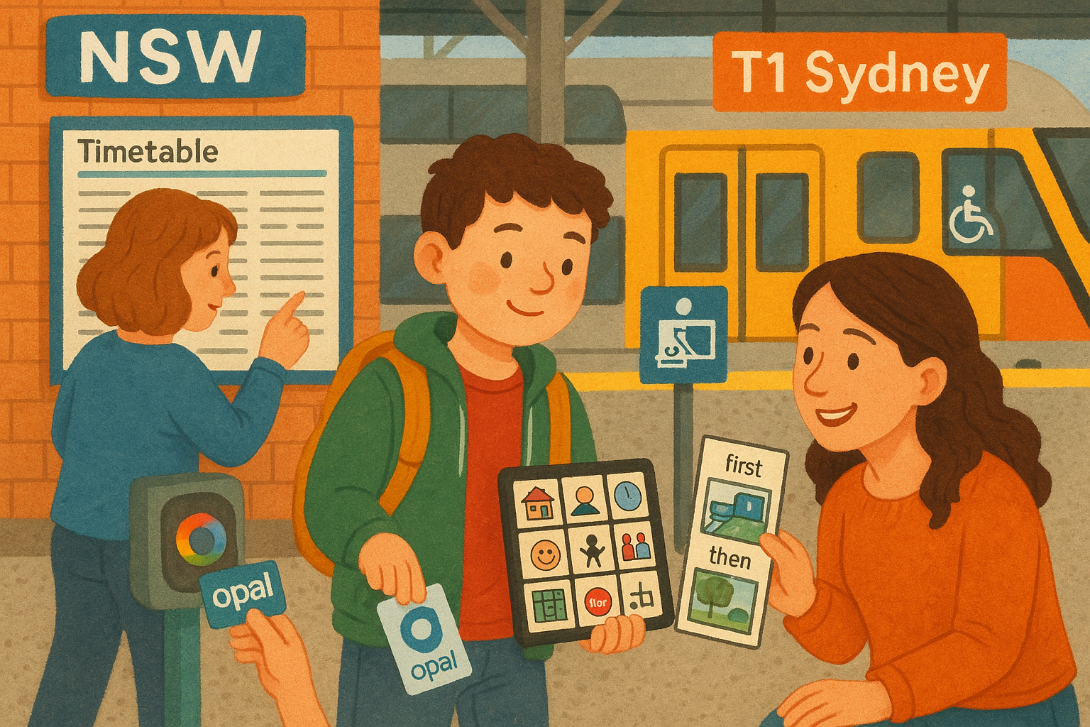 Teen learning travel skills with support from an NDIS worker using PBS and AAC strategies.