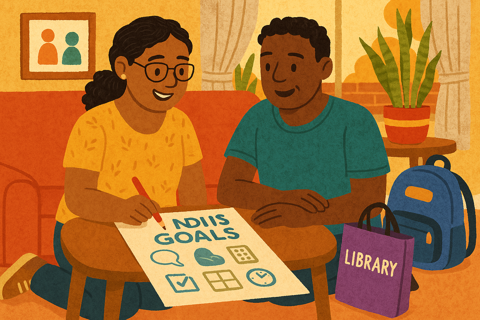 Colourful Australian family living room with parent and clinician writing NDIS goals; icons for speech therapy, behaviour support, AAC, visual schedule and a timer visible—NSW NDIS goal examples.