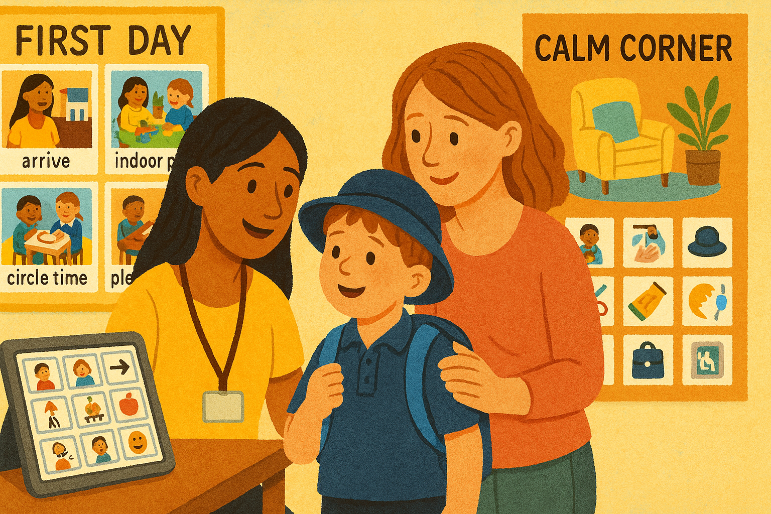 Child-friendly NSW classroom scene: teacher, parent and child preparing for Kindergarten with a visual schedule, picture cards, calm corner and AAC device under NDIS.
