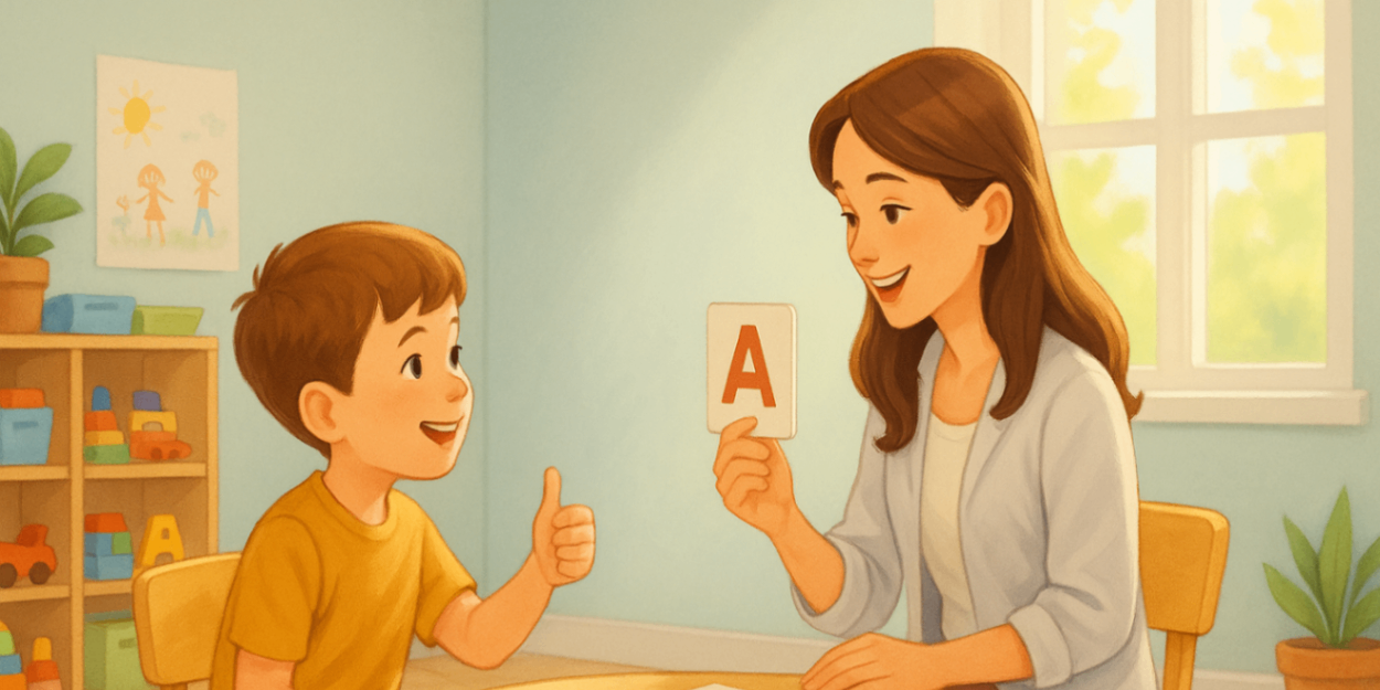 A speech therapist and a child in a productive speech therapy session.
