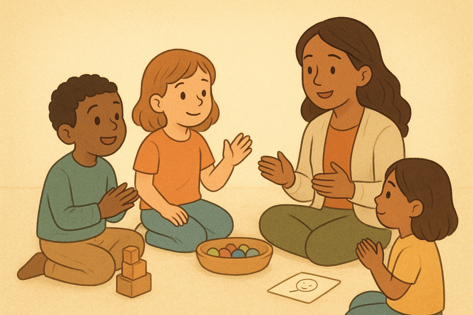 Therapist guiding a small group of children through a calm behaviour therapy activity.