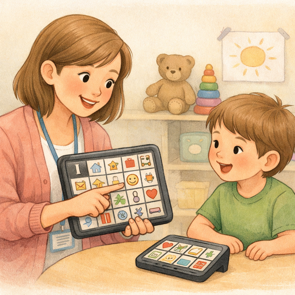 A speech-language pathologist using augmentative and alternative communication (AAC) devices with a nonverbal client.