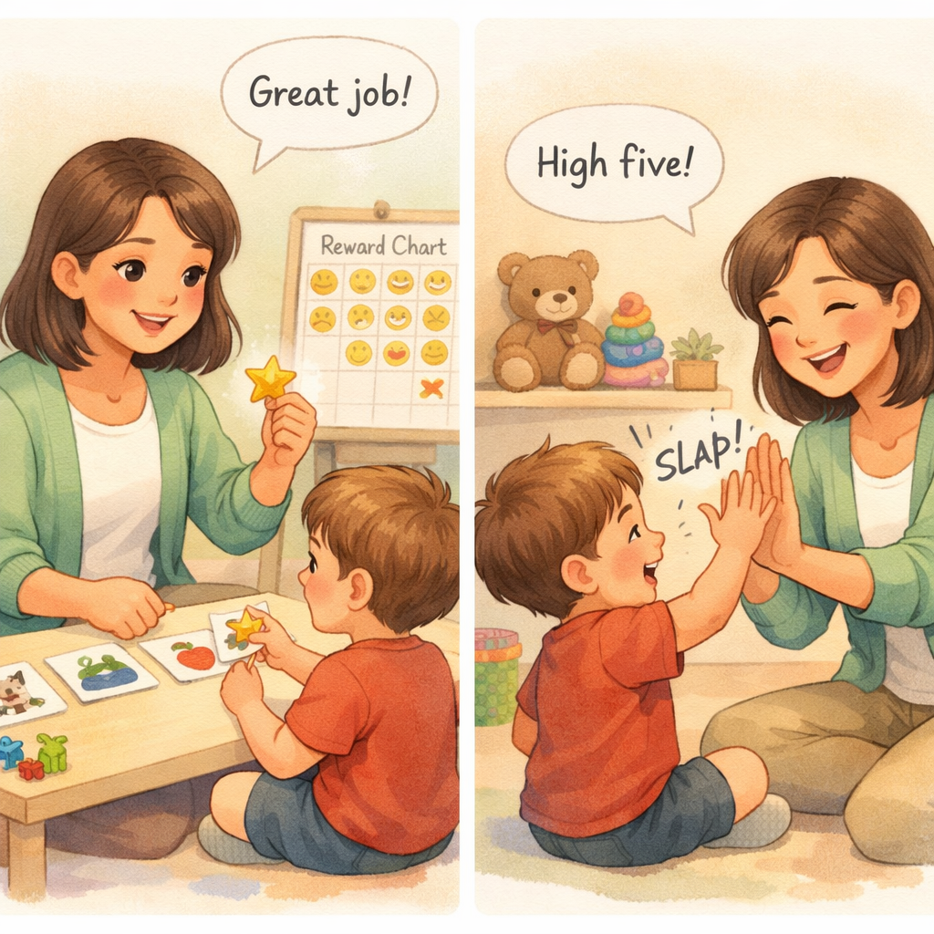 Therapist using positive reinforcement with a child during an ABA therapy session.