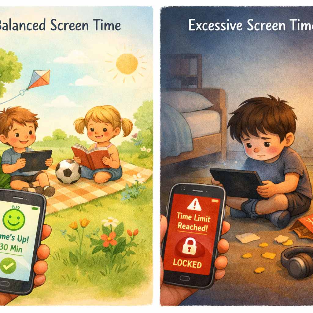 A visual comparison of balanced screen time versus excessive device use, guided by a parental control app.