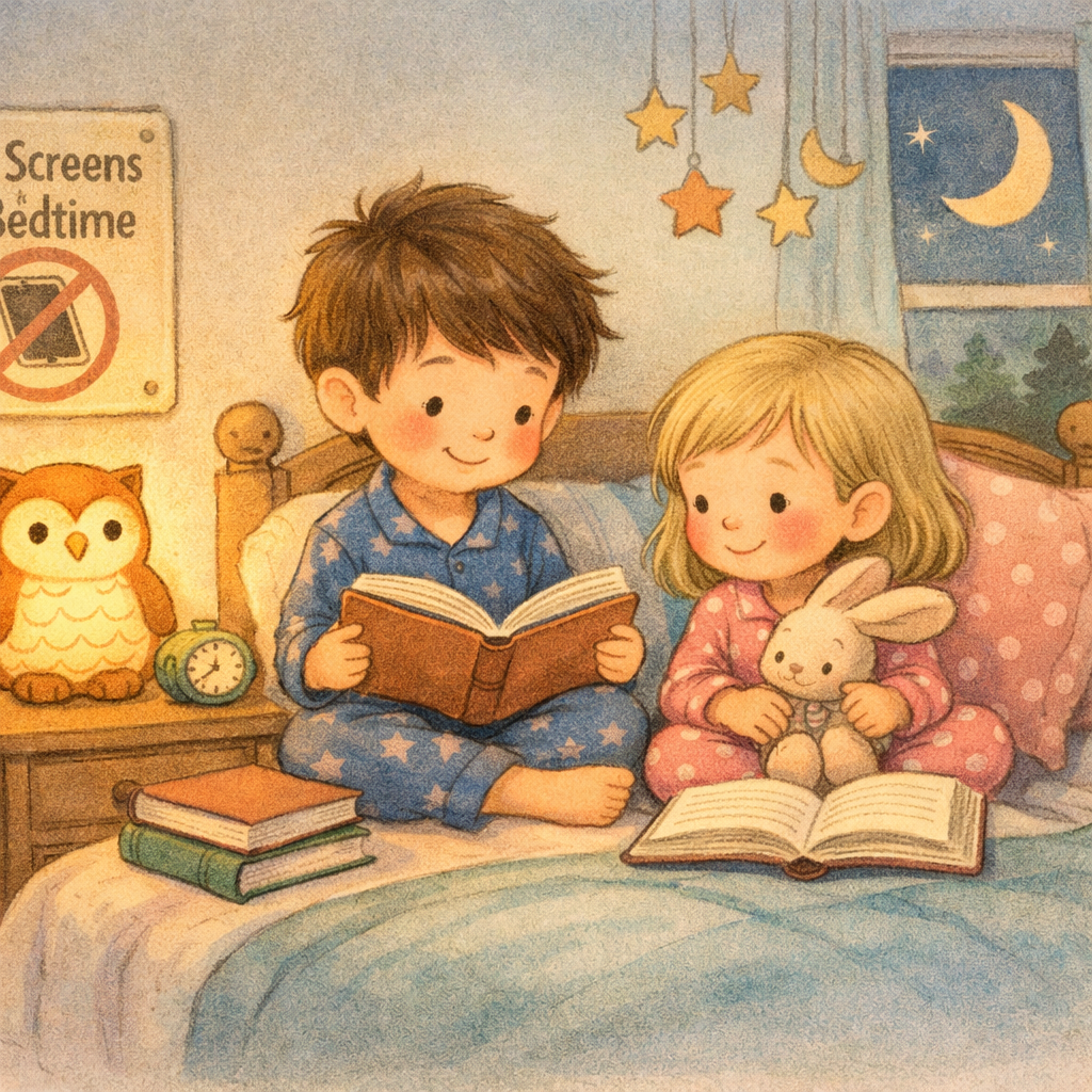 A family routine chart showing a “no screens 2 hours before bed” rule in a child’s bedroom.