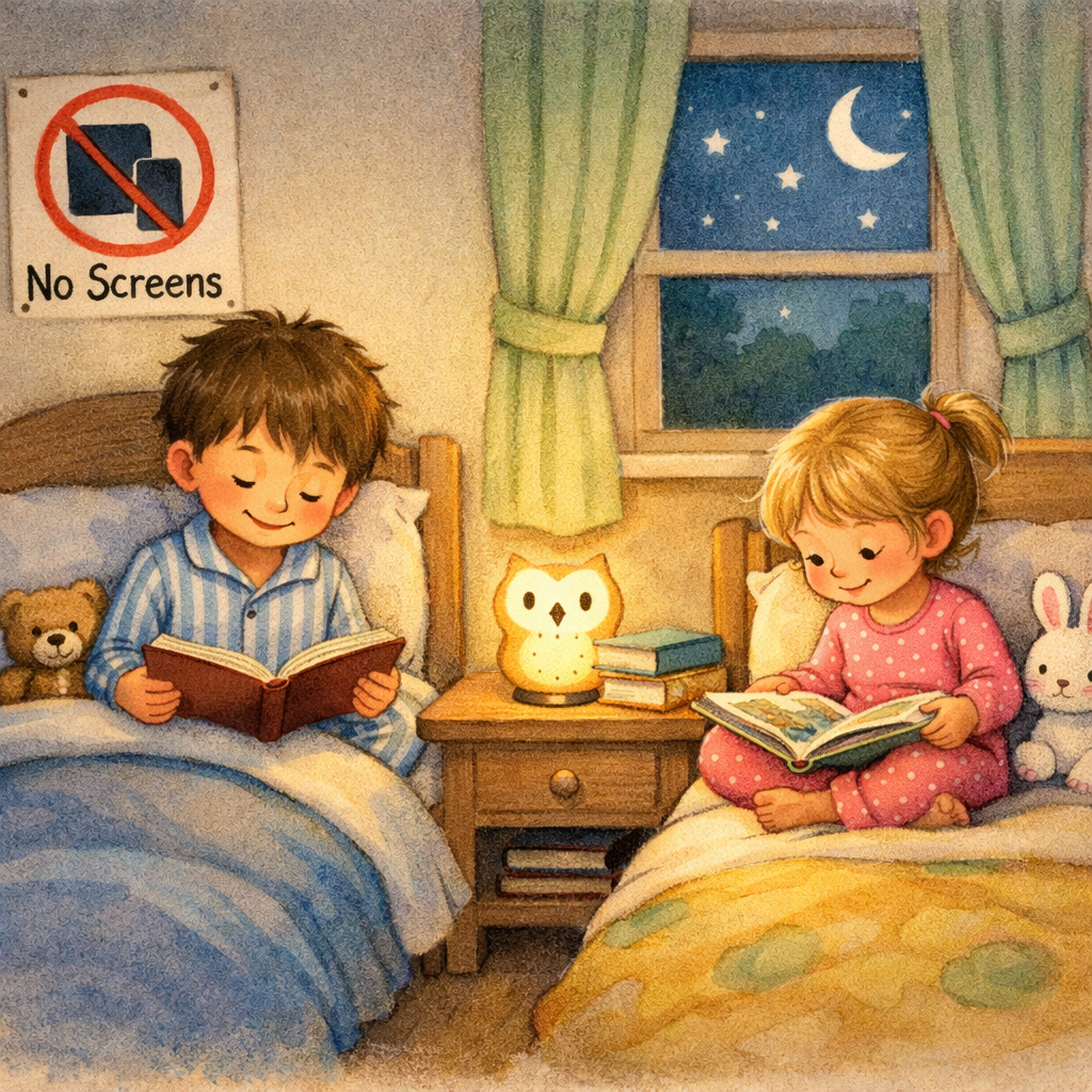 A bedroom scene showing a “no screens” bedtime routine with books and a nightlight instead of digital devices.