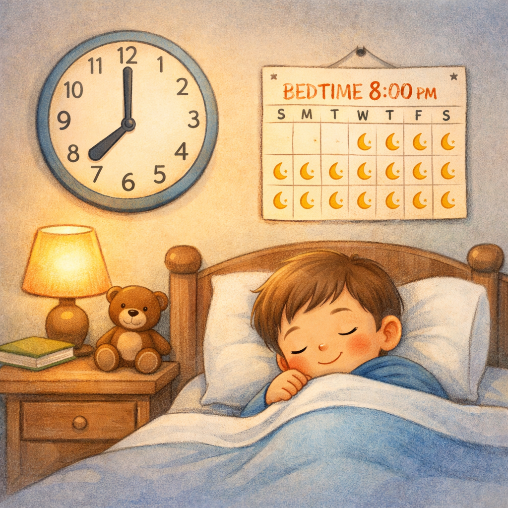 Bedroom scene with a clock and calendar highlighting the importance of going to bed at the same time daily.