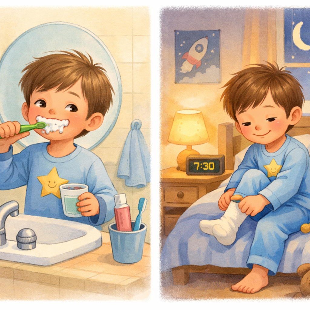 Child following a consistent bedtime routine, brushing teeth and getting ready for sleep at the same time each night.